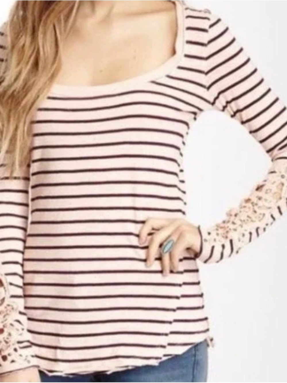 #1064 FREE PEOPLE Pinky Peach & Maroon Striped Scoop-Neck w Pretty Crochet Cuffs